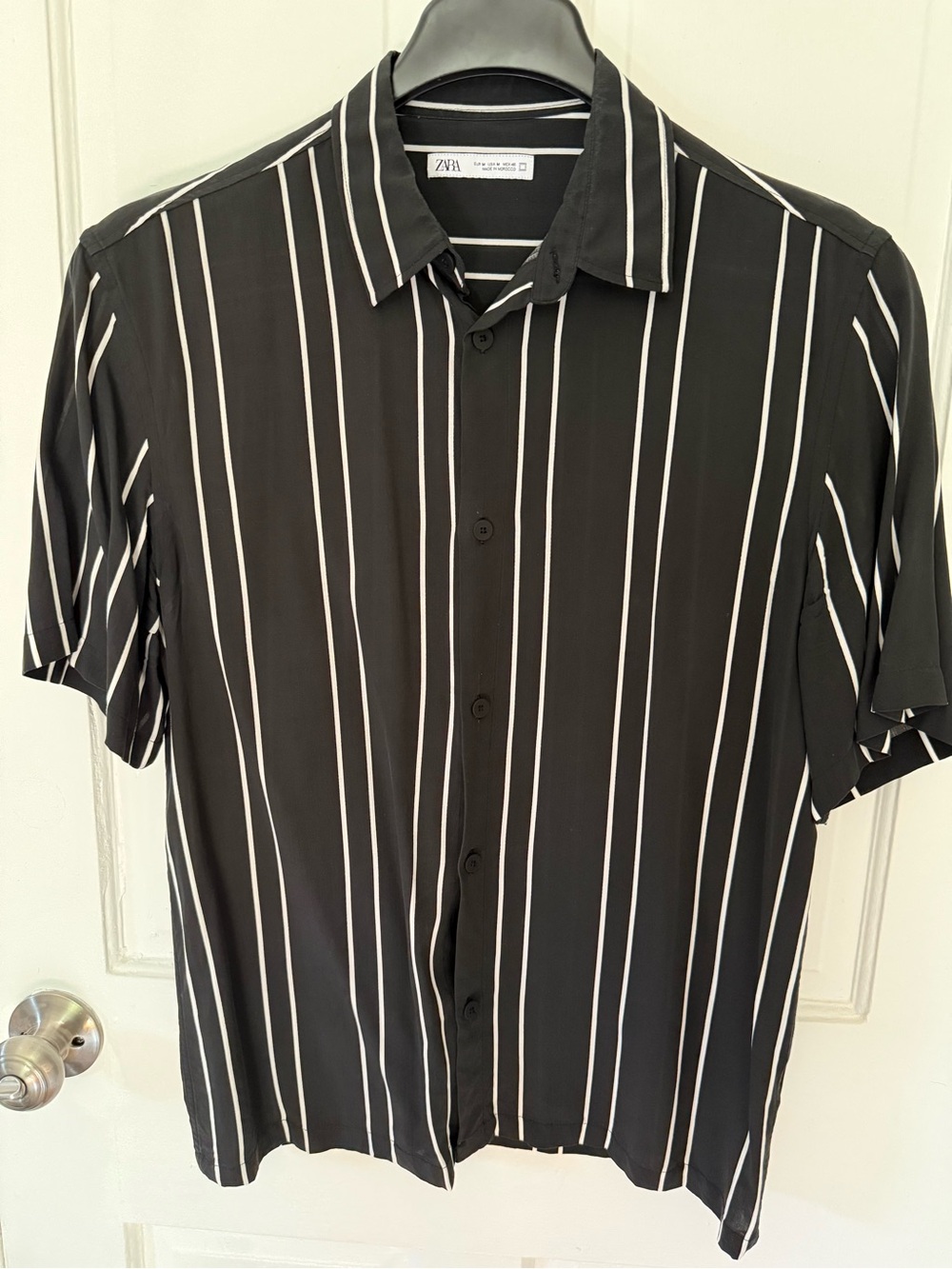 Zara Black Short-Sleeve Shirt with White Vertical Stripes